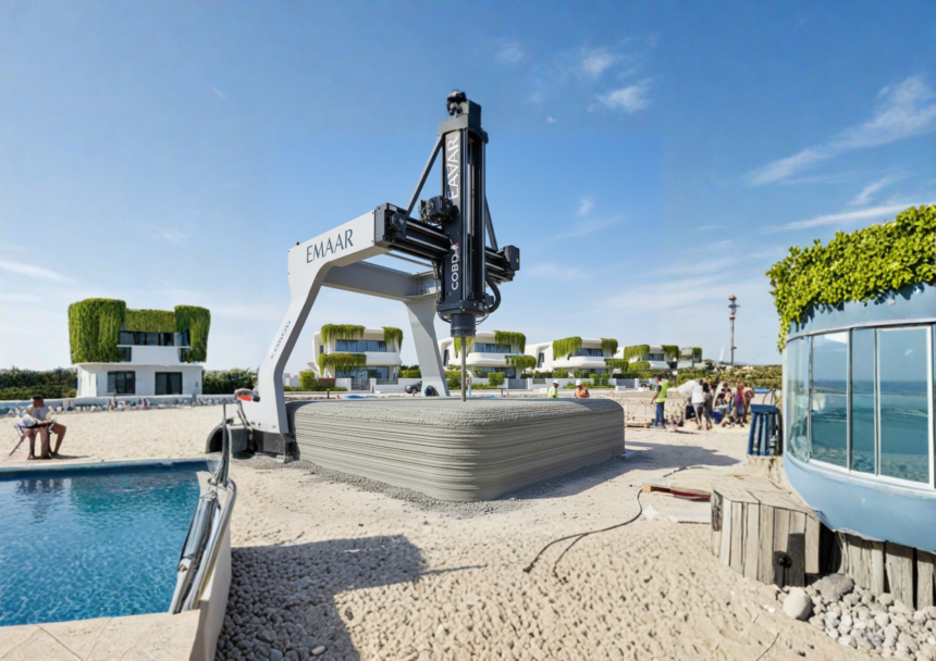 A robotic 3D printer arm layering concrete on a luxury villa in Dubai South, with completed futuristic white villas in the background under a blue sky.