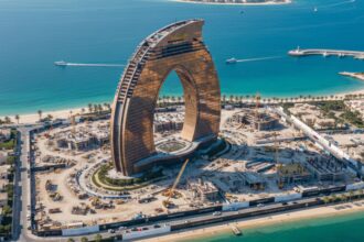 A panoramic view of Al Marjan Island in 2026, showing the nearly complete Wynn Resort tower dominating the skyline, surrounded by new luxury construction cranes and sparkling blue water.