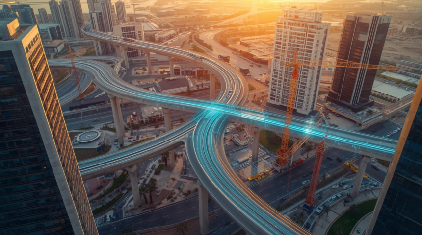 A detailed construction view of the Dubai Metro Blue Line map 2026 route passing through Silicon Oasis.