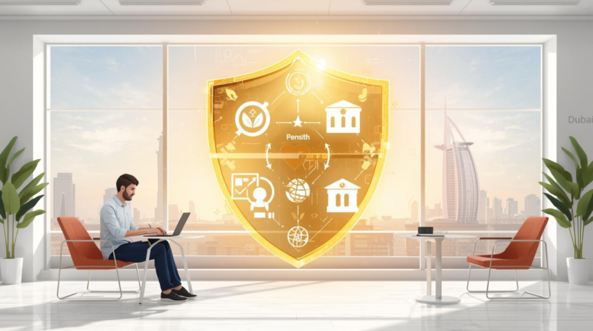 A diverse group of freelancers working in a Dubai co-working space, with a holographic shield icon protecting them, symbolizing the new 2026 social security laws.