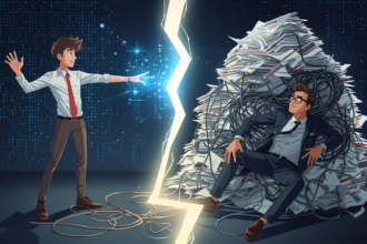 A conceptual illustration showing a young "AI Native" graduate manipulating a holographic algorithm while an older "AI Immigrant" professional struggles with traditional paperwork, separated by a digital chasm.
