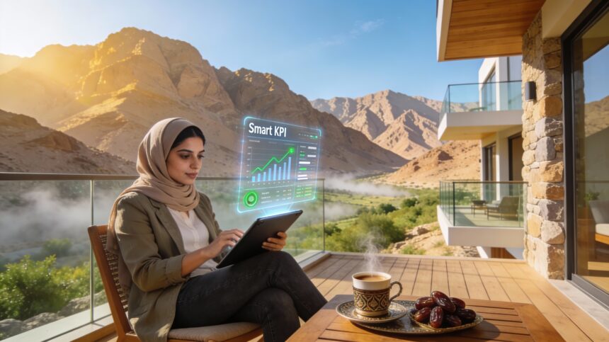 A young professional working remotely from a luxury cafe in Hatta mountains, utilizing UAE flexible work laws 2026 on a holographic laptop.