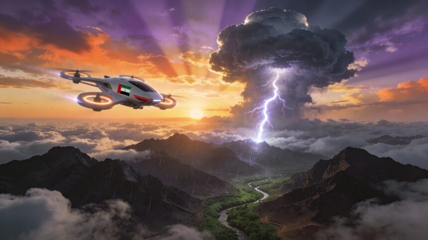 A fleet of autonomous cloud-seeding drones flying over the Hajar Mountains in the UAE, releasing electric charges into storm clouds.