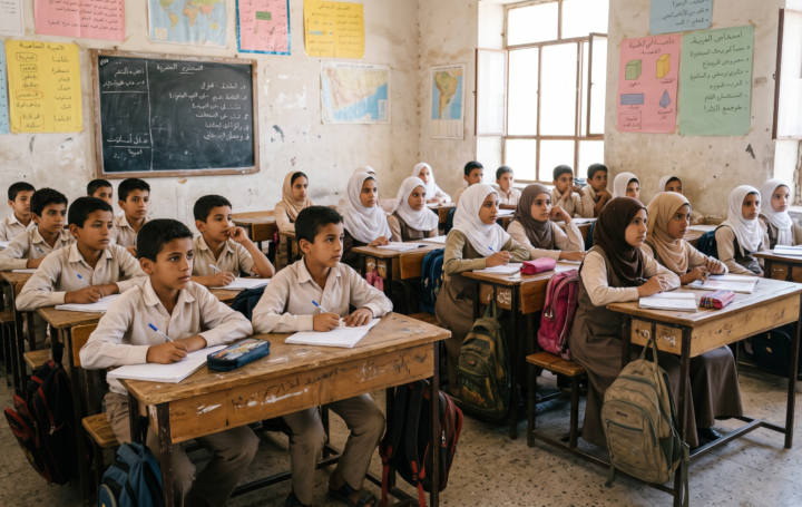 Students attend a classroom in Yemen amid rising school costs